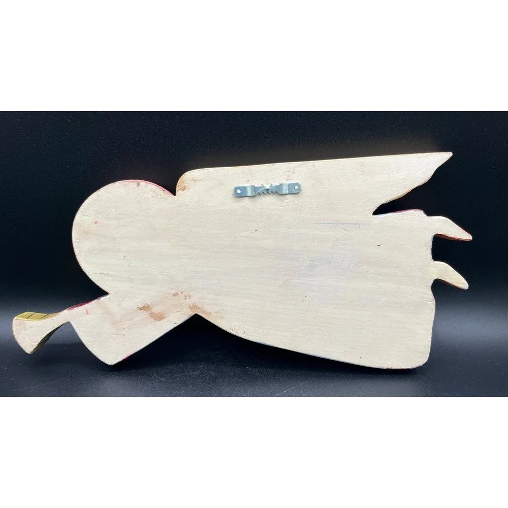 Hand Painted Wooden Angel Wall Hanging Trumpet Floral Folk Art Christmas Decor